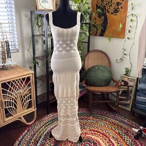 NWOT Rich & Royal Made In Italy Ivory Crochet Knit Bodycon Maxi Dress